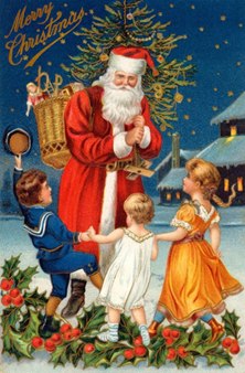 old christmas card showing santa and children
