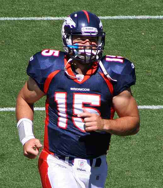 Tim Tebow, a player on the Denver Broncos American football team. Author: Jeffrey Beall by permission, 19 September 2010.